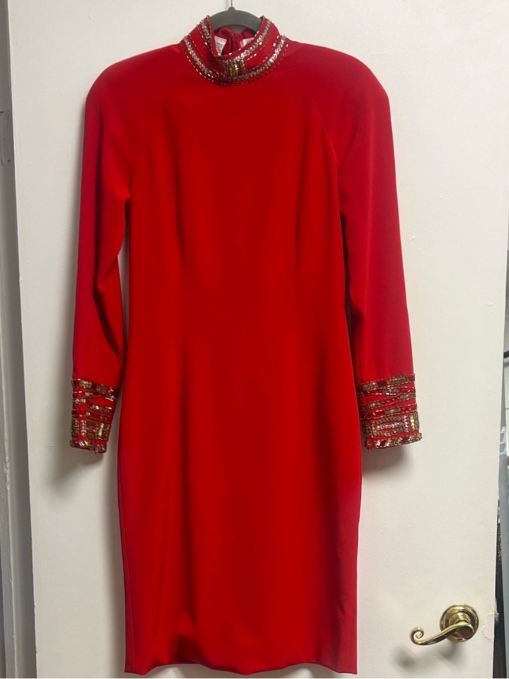 Niteline Red Long Sleeve Mock Neck Cocktail Dress with Beaded Accents Medium 80s
